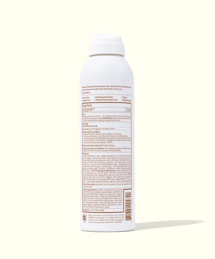 Mineral SPF 30 Sunscreen Spray with non-aerosol compression in a B.O.V container, fragrance-free and zinc-based, Sun Bum.